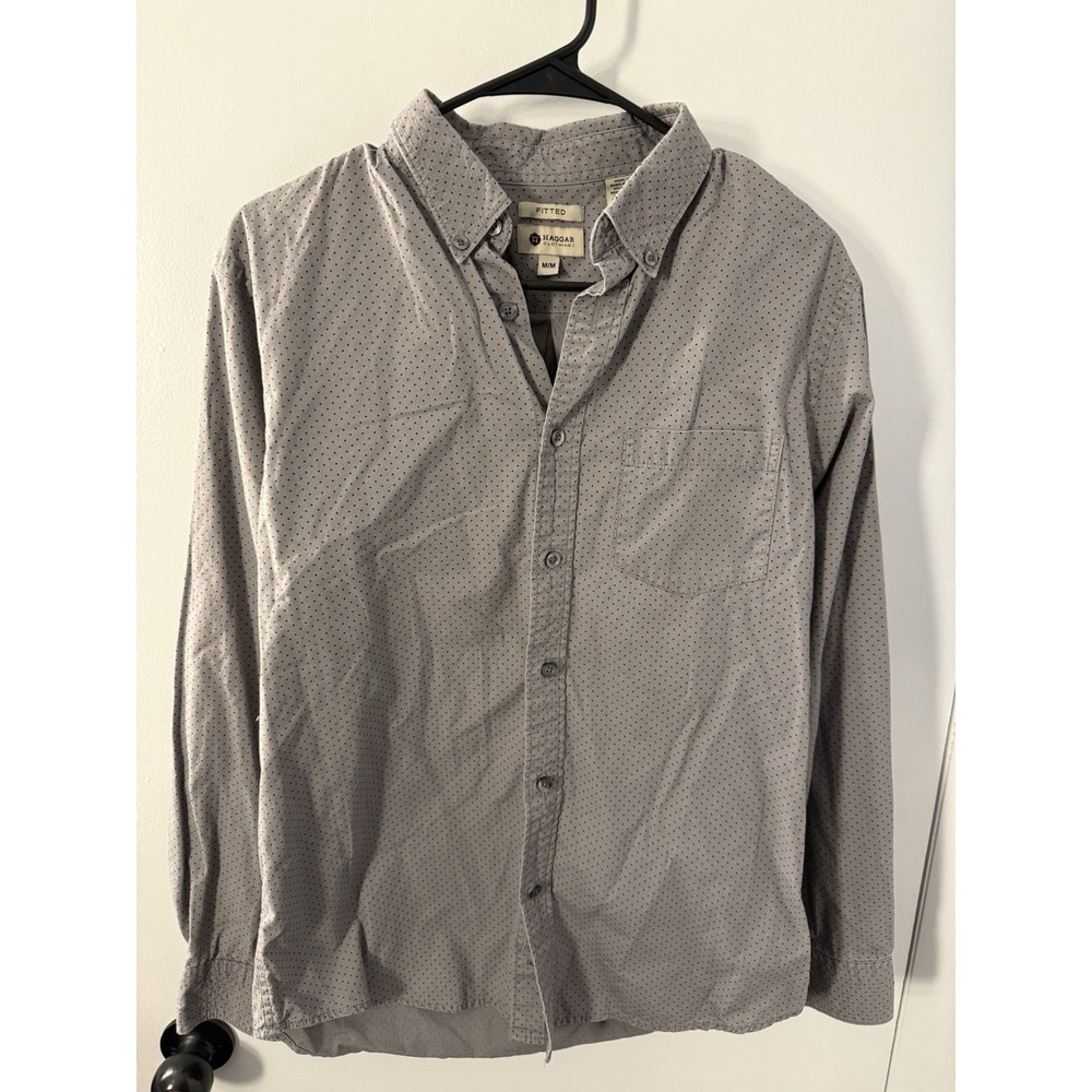 Haggar Dress Shirt Mens Medium M Gray Polka Dot Woven Long Sleeve Button Up